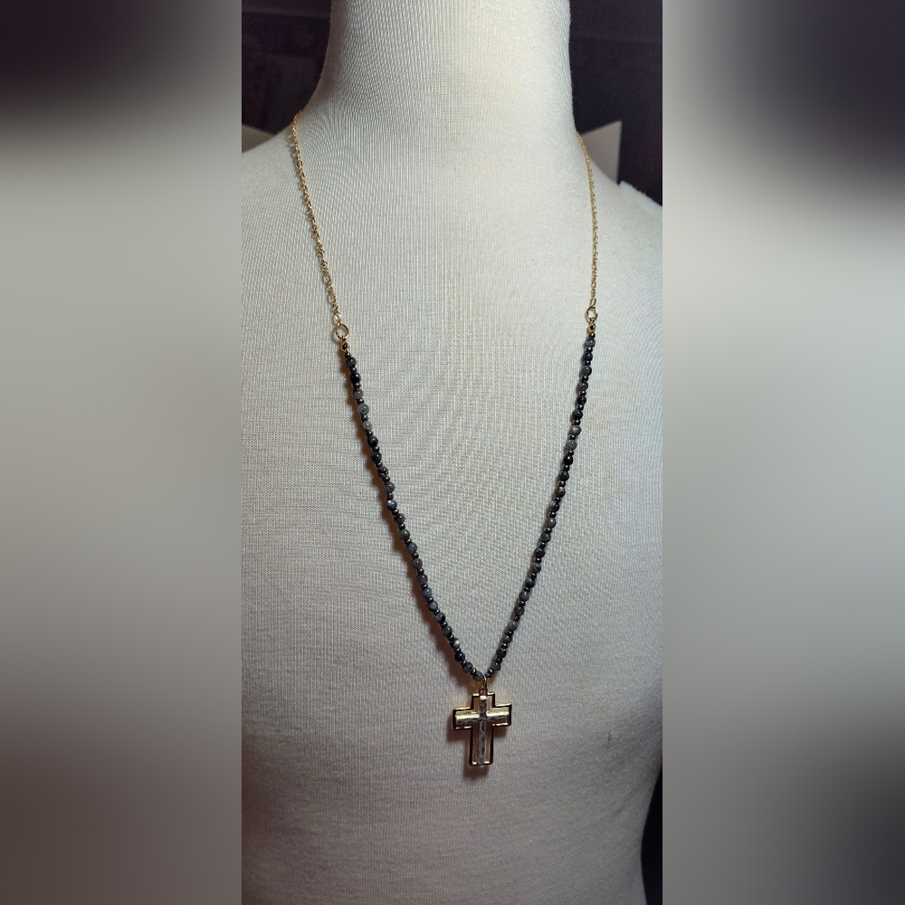 Gold and Black White Cross Pendant Necklace NWOT